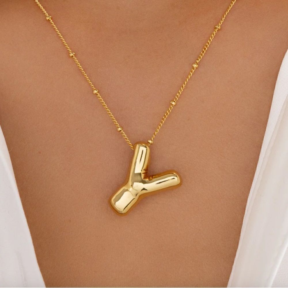 NWOT New Love Style Gold 3D Bubble Puffy Balloon "Y" Initial Letter Necklace
